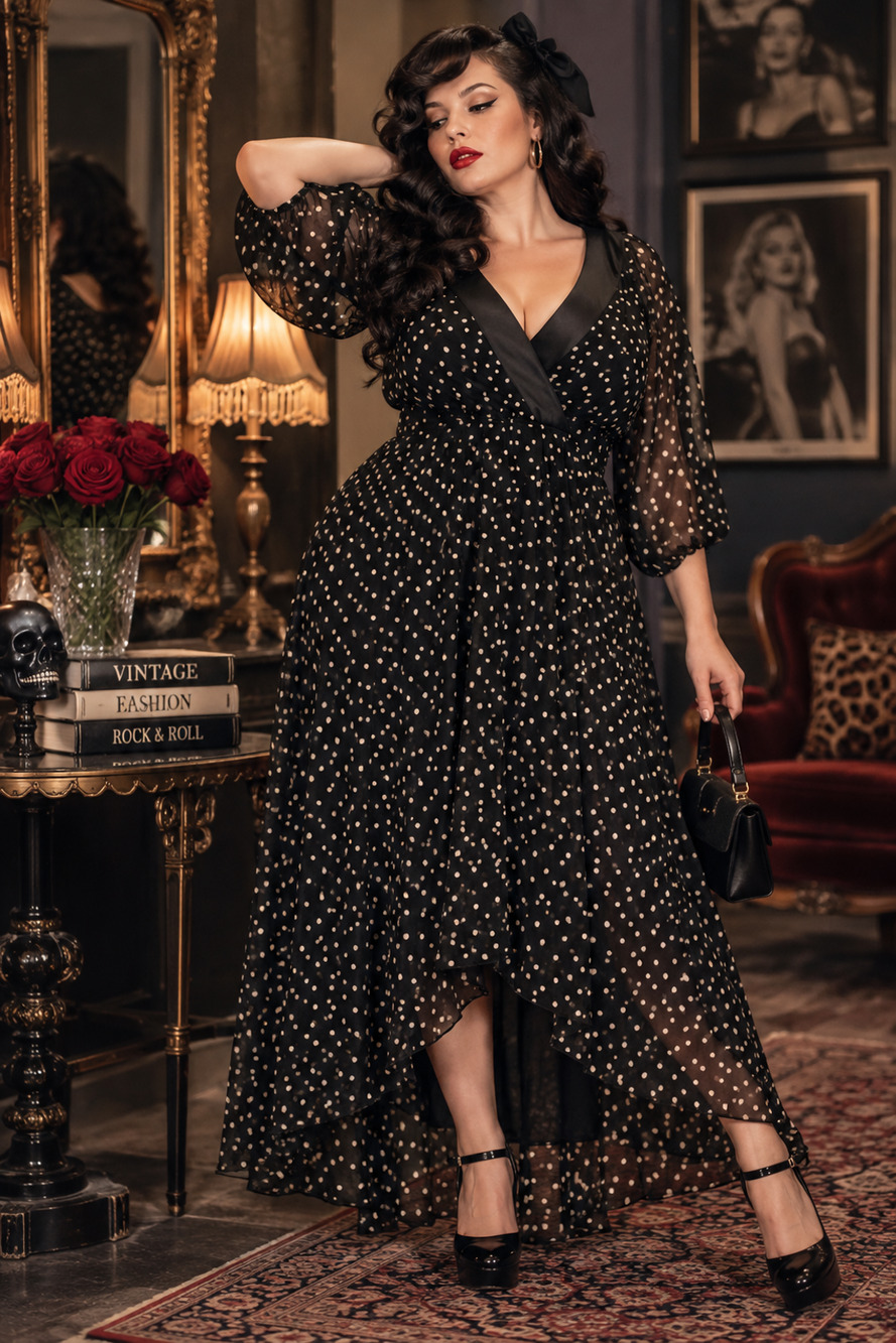 Vintage 1990's Pyramid Collection 1X Polka Dot Chiffon Maxi Dress Retro Goth